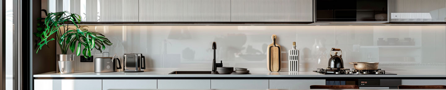 Helle, moderne Küche mit Toaster, Wasserkocher, Topfpflanze und Kochutensilien auf einer Arbeitsplatte.